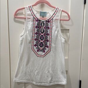 Skies Are Blue White Tank Top with Pink and Black Embroidery